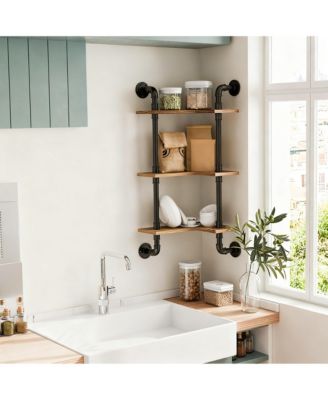Industrial Pipe Shelving Pine Wood Floating Bathroom Shelves Wall Mounted L Shaped Corner Shelf