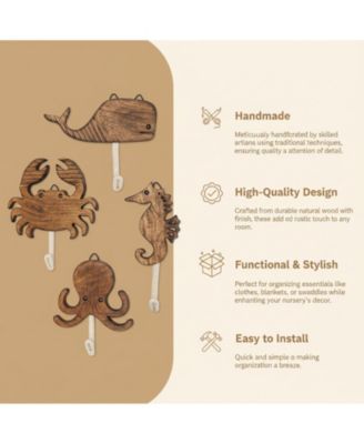 Sea Life Wooden Wall Hooks Set of 4 Handmade Animal Decorative Hooks for Nursery Beach Room