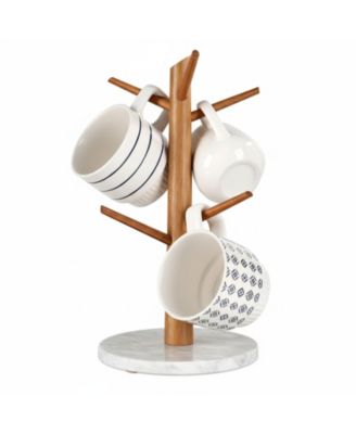 Premium Wood Mug Tree Marble Base 6 Hooks Counter Organizer