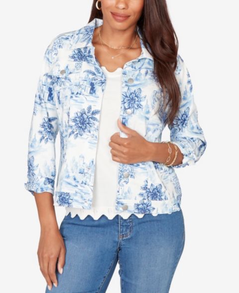 Женские куртки Ruby Rd. Petite Toile Print Button-Front Denim Jacket