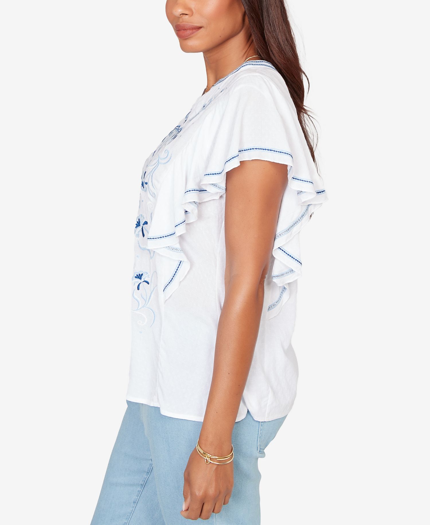 Petite Feather-light Embroidered Flutter-Sleeve T-Shirt