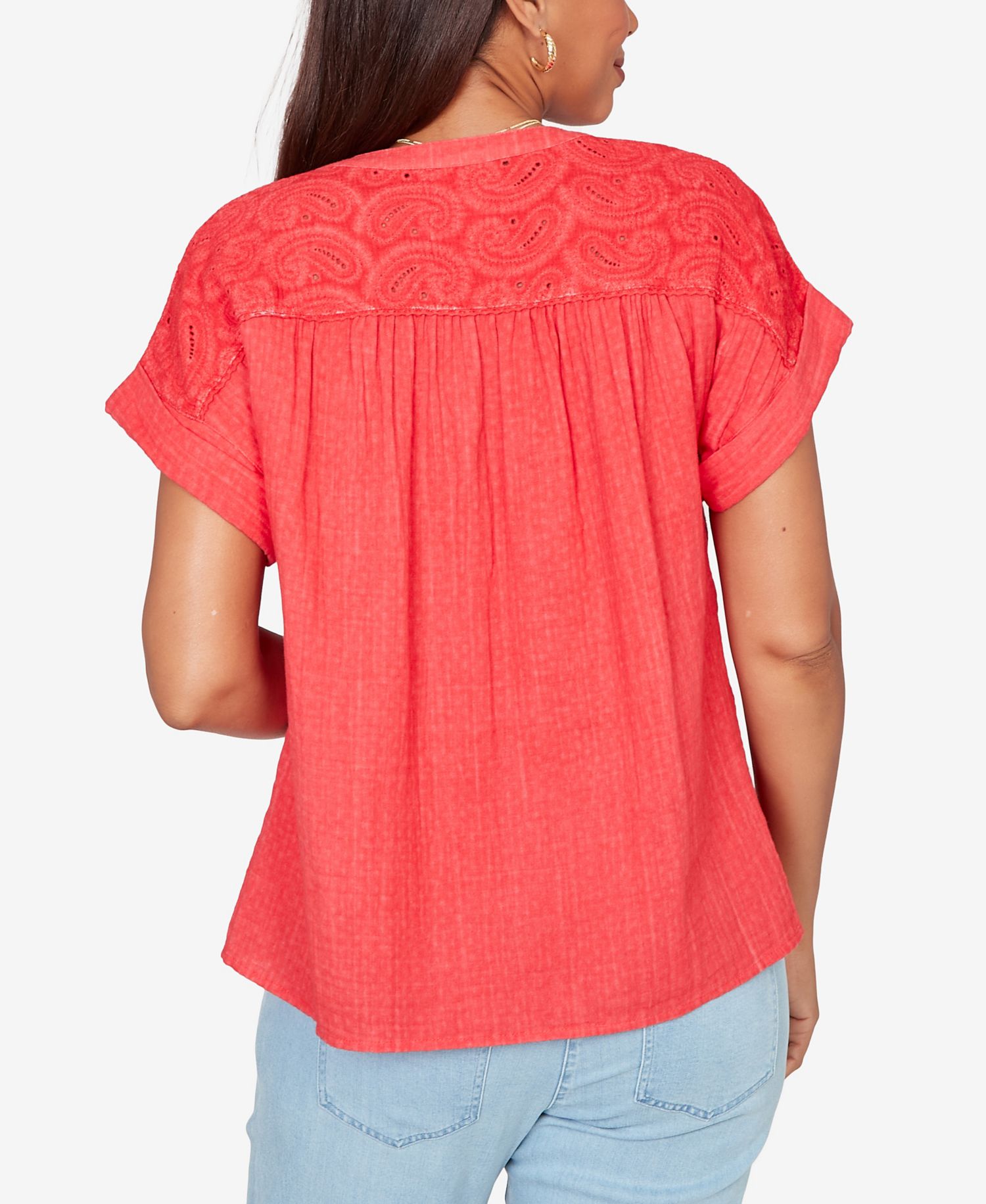 Petite Paisley Embroidered Gauze-Button T-Shirt