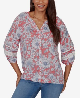 Petite Floral Silky Gauze Peasant Button-Front Top