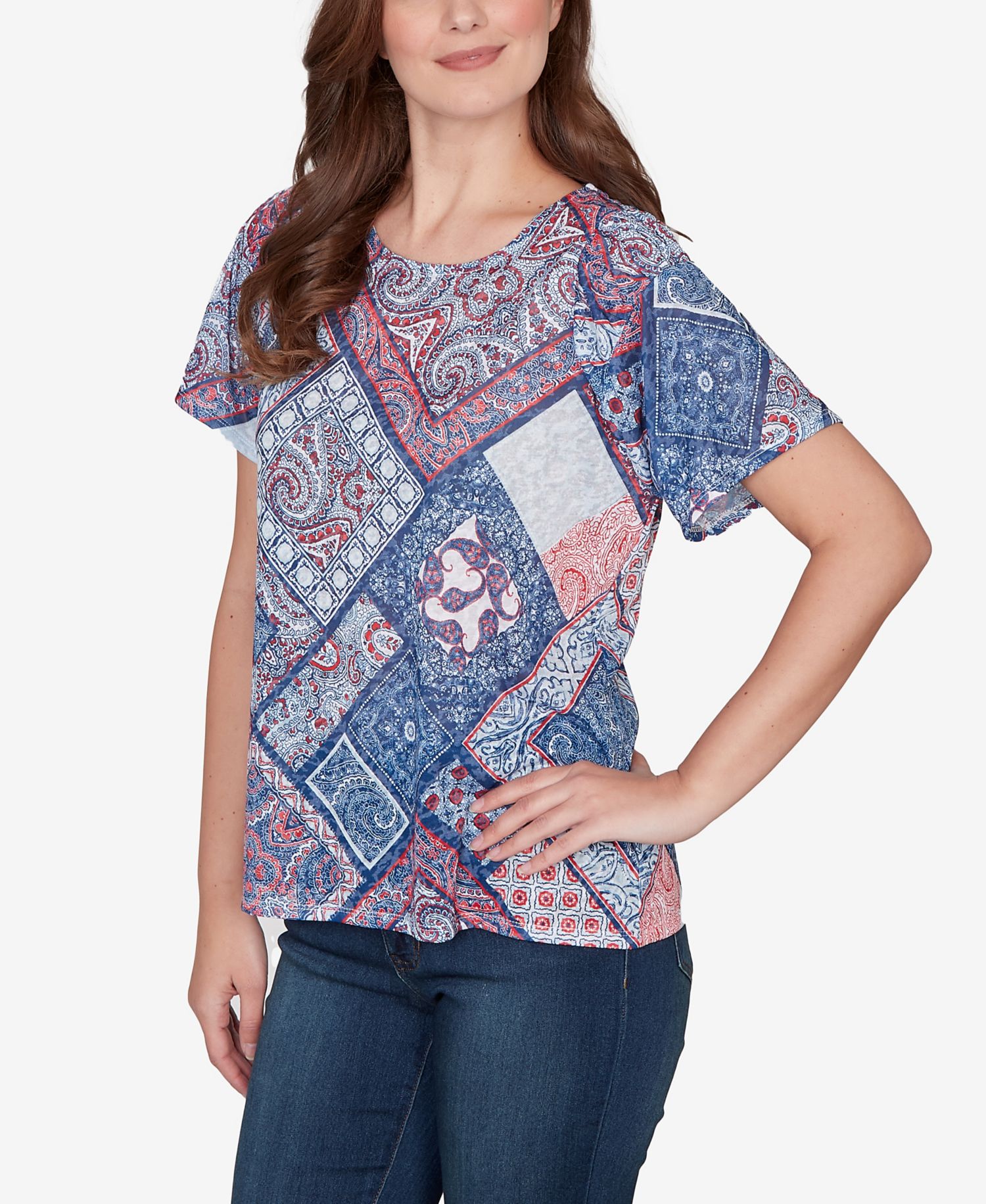 Petite Patchwork Shirred Scoop Neck T-Shirt