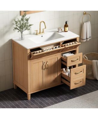 Modern Wood Grain Bathroom Vanity, Ceramic Sink, Solid Rubberwood Legs, Soft-Close Doors and 4 Drawers