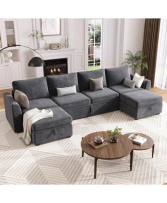 Sectional Sleeper Sofa with Pull-Out Bed, Chenille Modular Couch with Storage and 2 Ottomans
