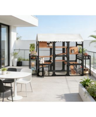 Large Wooden Outdoor Cat Enclosure with Plant Stands Multi Level Playpen Weather Resistant Roof Climbing Ramp