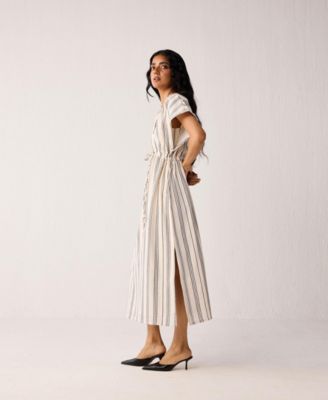 Women's Maxi Gathered Dress with Side Slits in Stripes