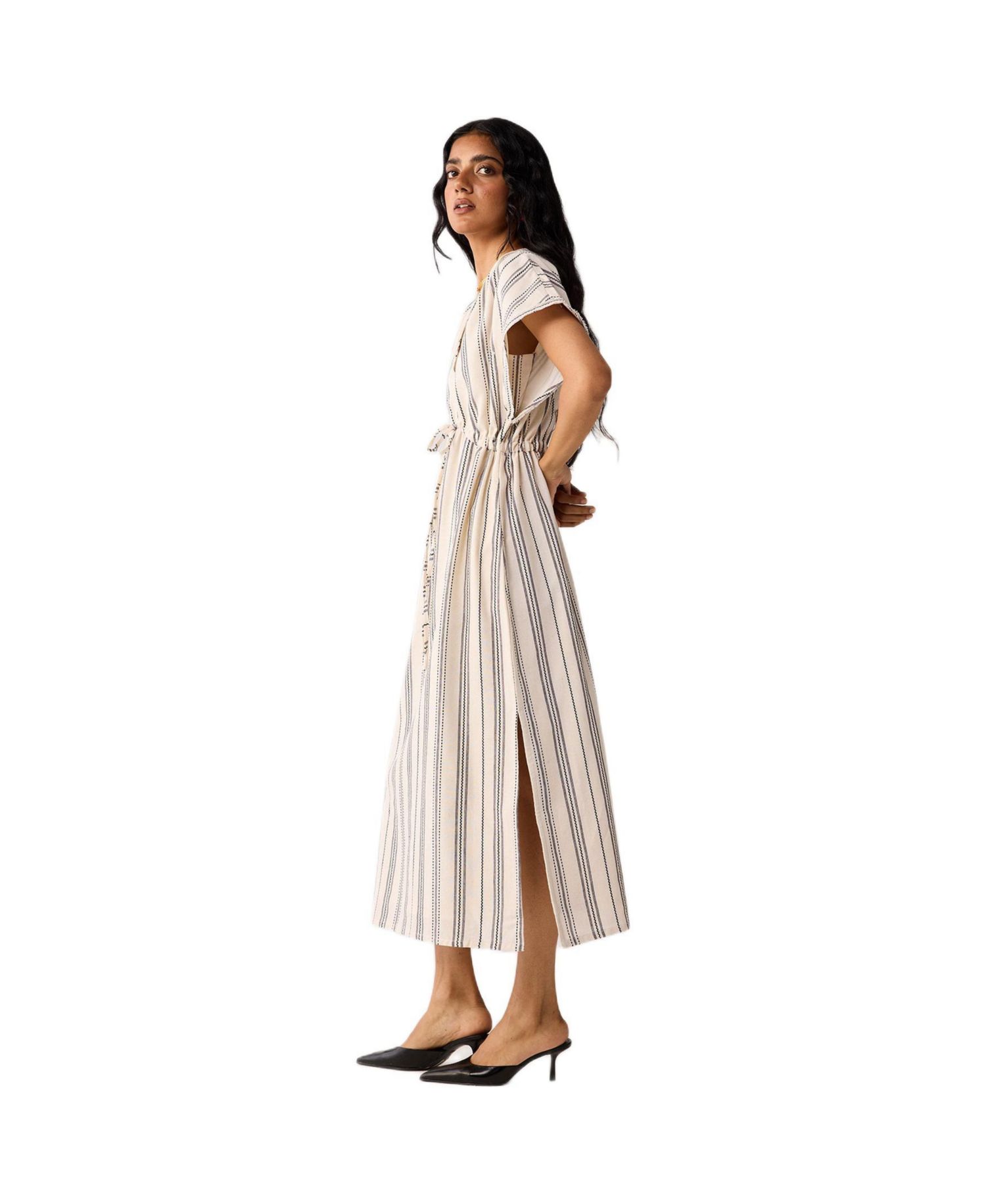 Women's Maxi Gathered Dress with Side Slits in Stripes