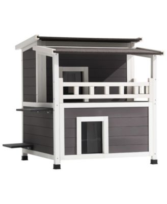 2 Story Wooden Cat House With Balcony Insulated Waterproof Outdoor Shelter For 1 3 Cats In Winter