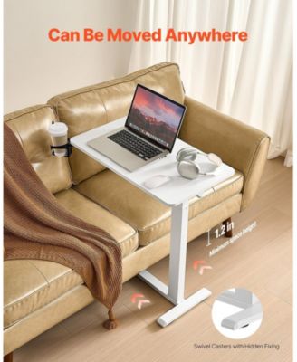 Adjustable Overbed Table with Hidden Wheels, 25.4-40.47 in Height Hydraulic Bedside Desk with Cup Holder