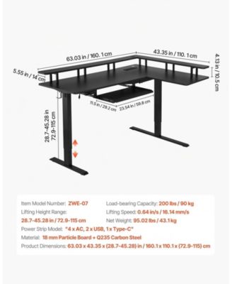 L Shaped Electric Standing Desk 63 x 43 in, Adjustable Height Corner Desk with Keyboard Tray and Power Strip