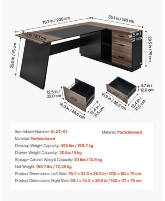 L-Shaped Executive Desk with File Drawer and Storage Cabinet, Large Modern Office Table, 350 lbs Capacity