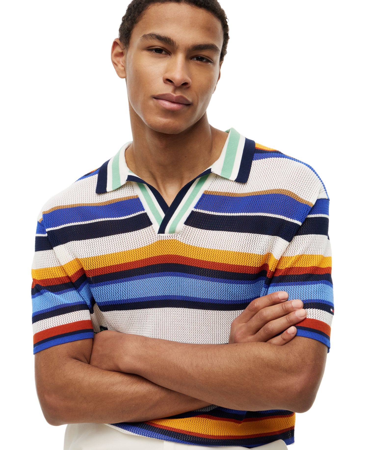 Men's Multi-Stripe Johnny Collar Short-Sleeve Knit Polo Shirt