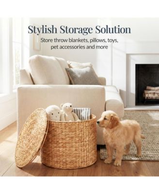 Large Round Storage Ottoman W/ Lid, Handwoven Water Hyacinth Footstool