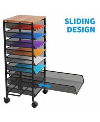 12 Tier Rolling File Cart Wood Top Metal Mesh Sliding Trays Office Home School Storage