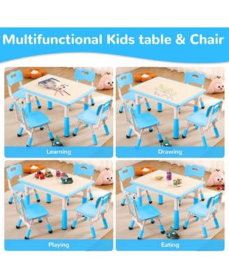 Kids Table and 4 Chairs Set, Toddler Height Adjustable Desk with Graffiti Desktop, Non-Slip Legs, Max 300lbs,Arts and Crafts Table