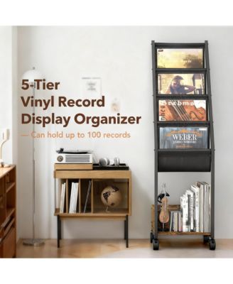 Vinyl Record Storage Stand 4-Tier Display Shelf Rack Wood Metal Frame