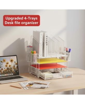 Multifunctional Desk Organizer 4 Tier Mesh File 5 Vertical Holders 3 Compartment Drawer 2 Pen Holders Easy Assemble Metal Office