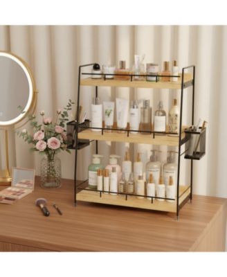 3 Tier Bathroom Counter Organizer with Baskets Wooden Metal Storage Vanity Makeup Organiser