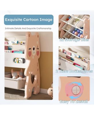 Kids Bookshelf, Toy Storage Organizer with 12 Toy Bins and 2 Tier Display Rack for Playroom, Bedroom, Kids Room and Classroom
