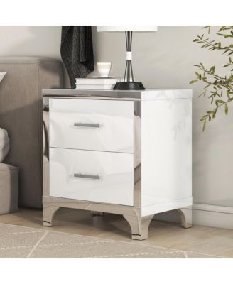 Durable Premium High Gloss Mirrored Nightstand with 2 Drawers Modern Bedroom End Table