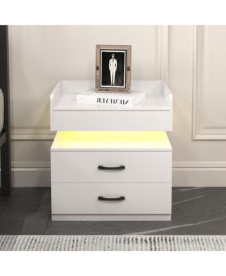 Modern Neutral Nightstand with Storage Space and LED Light Glass Top Jewelry Storage Bedside Table