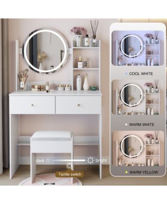Space Saving Small LED Vanity Table with Basic Mirror and Cushioned Stool Makeup