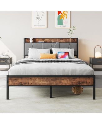 Full Size Bed Frame Storage Headboard Charging Station Vintage