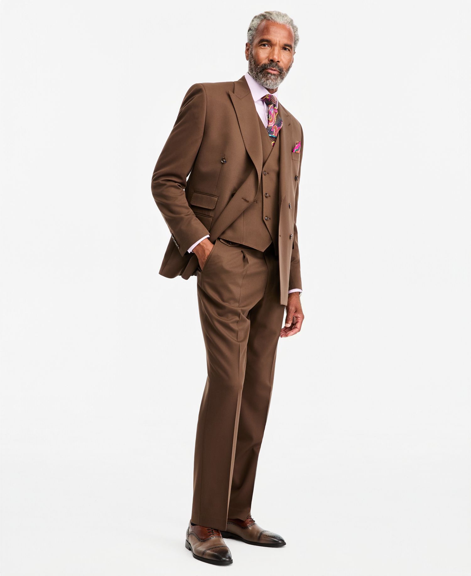 Men's Classic-Fit Medium Brown Suit Separate Double-Breasted Vest