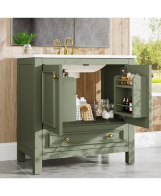 30" Bathroom Vanity with Sink, Freestanding Vanity with Solid Wood Frame, Ceramic Sink, Soft-Close Doors, Drawer & Door Organizer