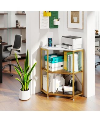 Corner Printer Stand with Power Outlet 3-Tier Storage Rack with Adjustable Shelf