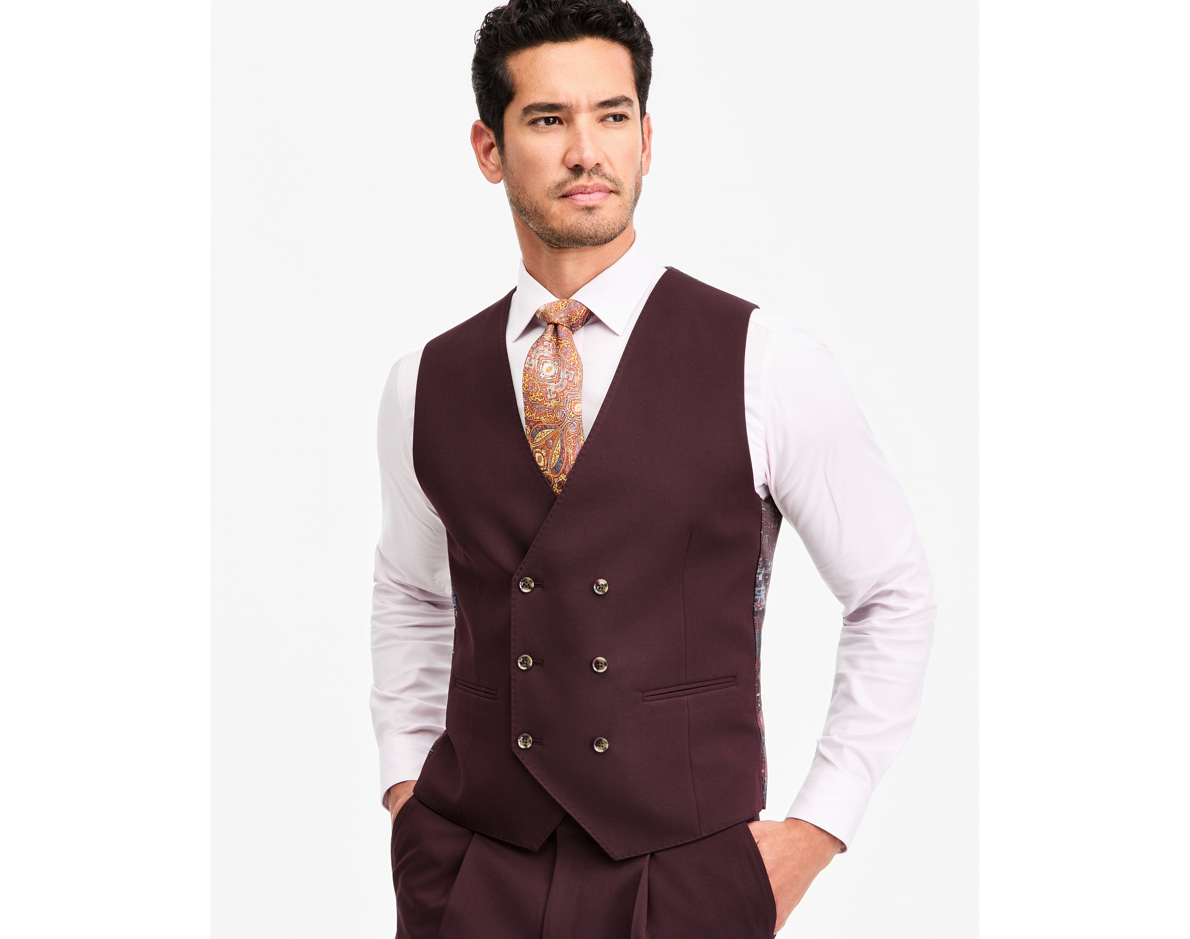 Tayion Collection Men's Classic-Fit Burgundy Suit Separate Vest