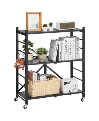3-Tier Foldable Storage Shelf, Folding Metal Storage Shelving Unit with 5 Wheels and 4 Hooks for Kitchen, Garage, Basement