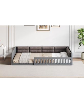 Full Size Wood Upholstered Platform Bed Guardrail Fluffy Pillows Pine Wood MDF