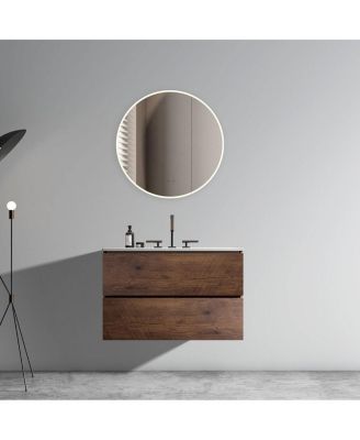 30" Modern Walnut Wall Mount Vanity With Ceramic Sink, 3-Hole Top Handle-Free Soft-Close Drawers, Pre-Assembled