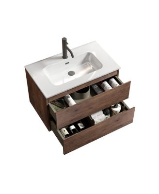 30" Modern Walnut Wall Mount Vanity With Ceramic Sink, Single-Hole Top U-Channel Storage, DTC Silent Close
