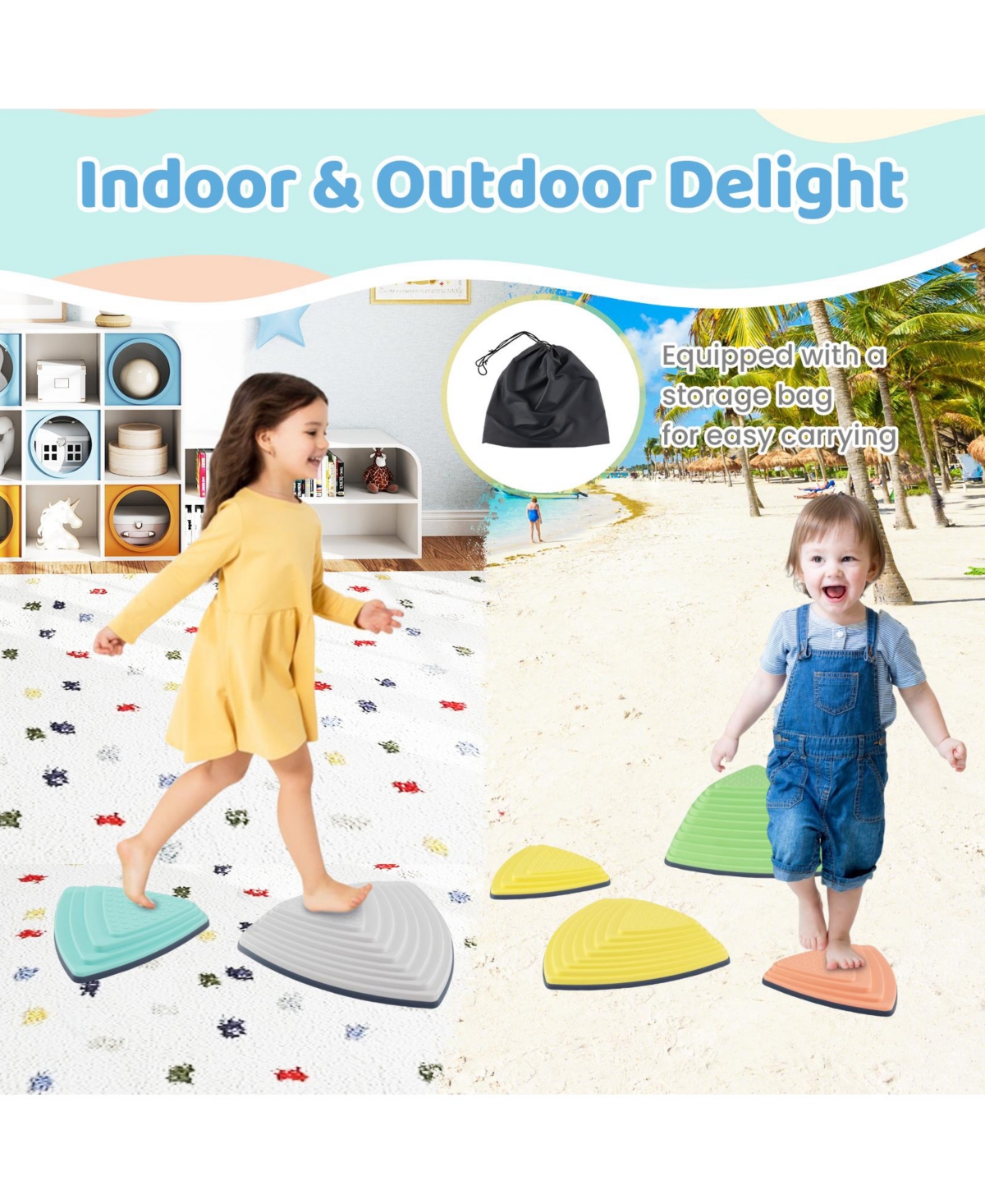 Slickblue Kids Balance Stones Set of 6 Non Slip Stepping Toys with Bag