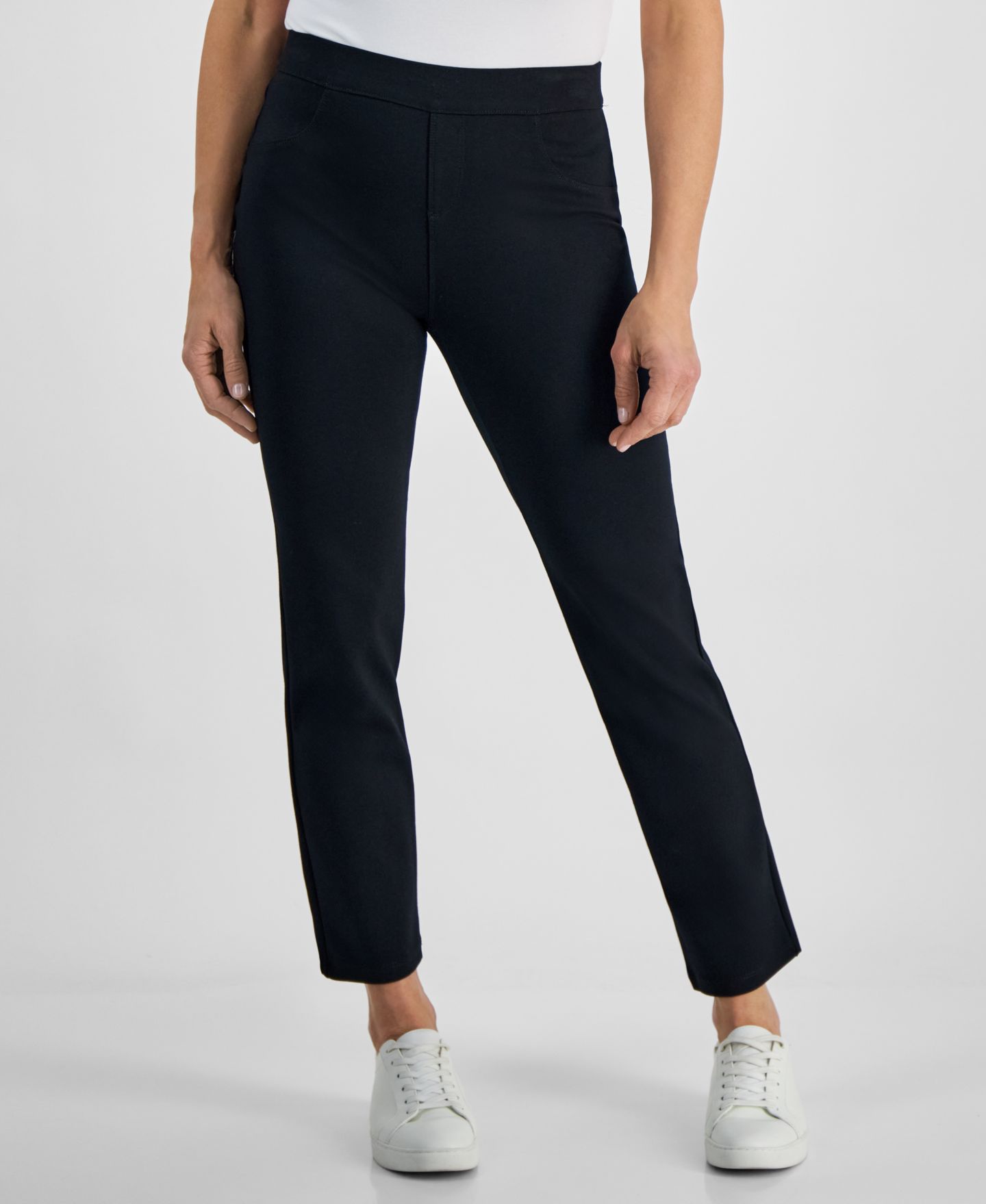 Женские брюки Style & Co Petite Mid Rise Pull On Straight Leg Ponte, цвет: Глубокий чёрный — фото 1