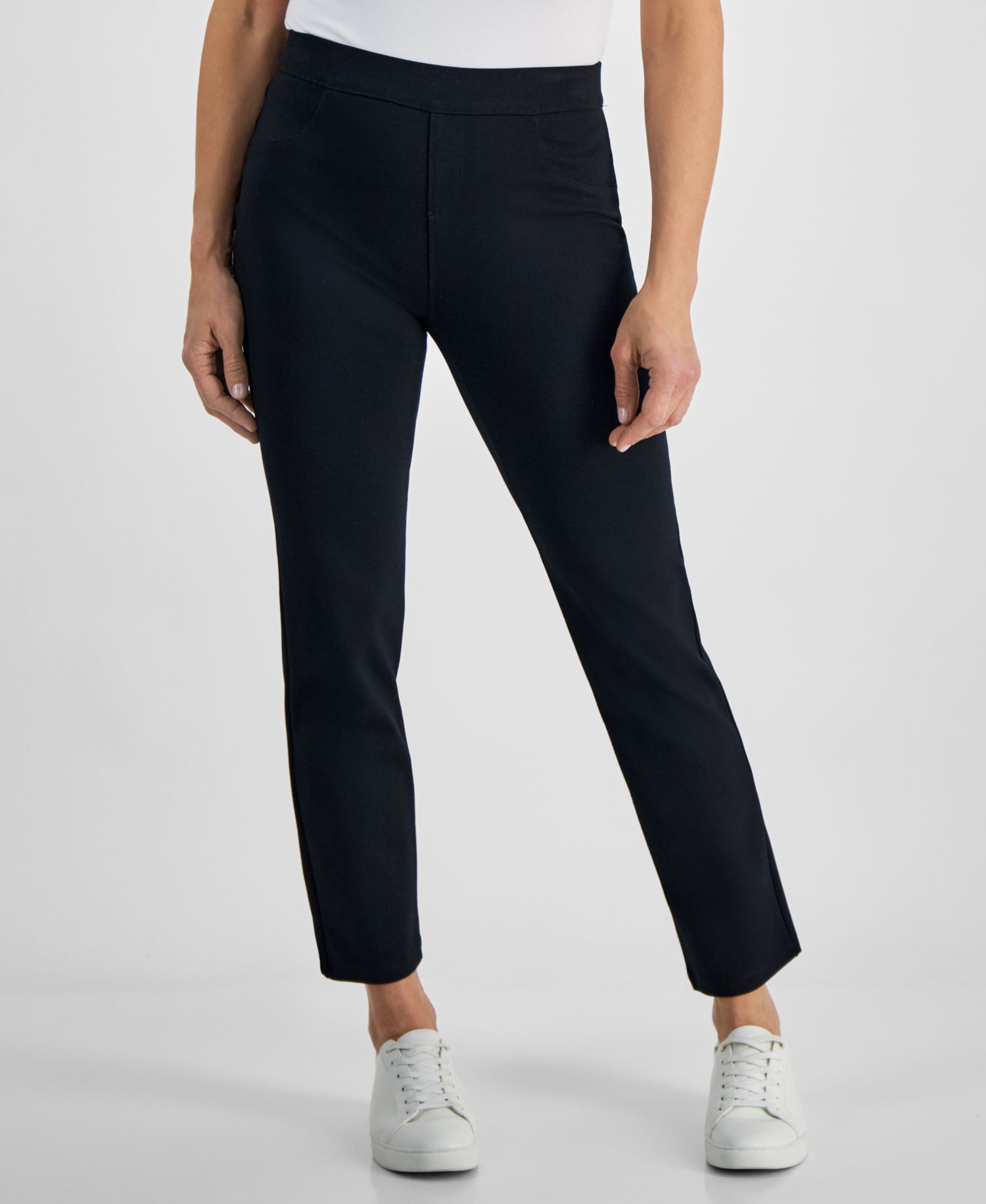 Petite Mid Rise Pull On Straight Leg Ponte Pants