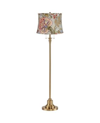 Dyna Traditional 58" Tall 2-Light Standing Floor Lamp Pull Chain Antique Brass Finish Drum Sage Floral Shade