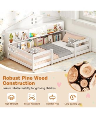 Montessori Floor Bed with Storage Compartments and Shelf