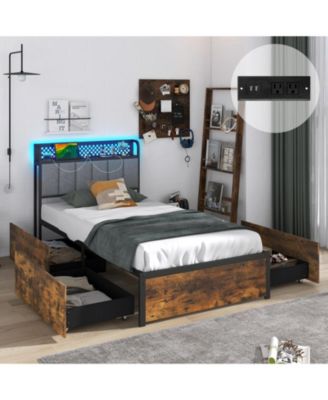 Twin size Bed Frame with LED Lights Upholstered Headboard and 4 Storage Drawers