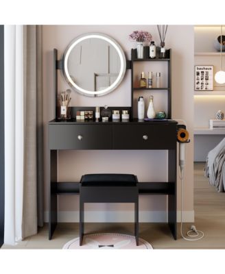 Modern Large Capacity LED Vanity Table with Basic Mirror and Cushioned Stool Makeup