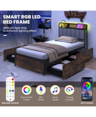 Twin size Bed Frame with LED Lights Upholstered Headboard and 4 Storage Drawers
