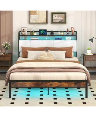 Queen Size Bed Frame with LED Light and Charging Station