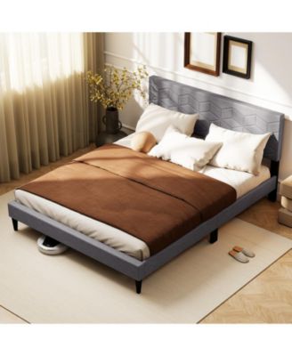 Queen Size Bed Frame Modern Platform Bed with Linen Fabric Upholstered Headboard