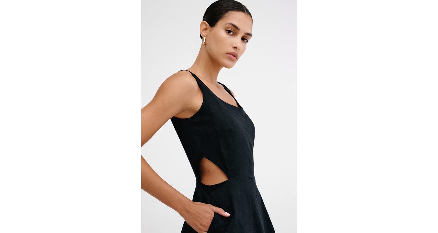 Women's Caroline Linen-Cotton Waist-Cutout A-Line Below-Knee Dress with Pockets