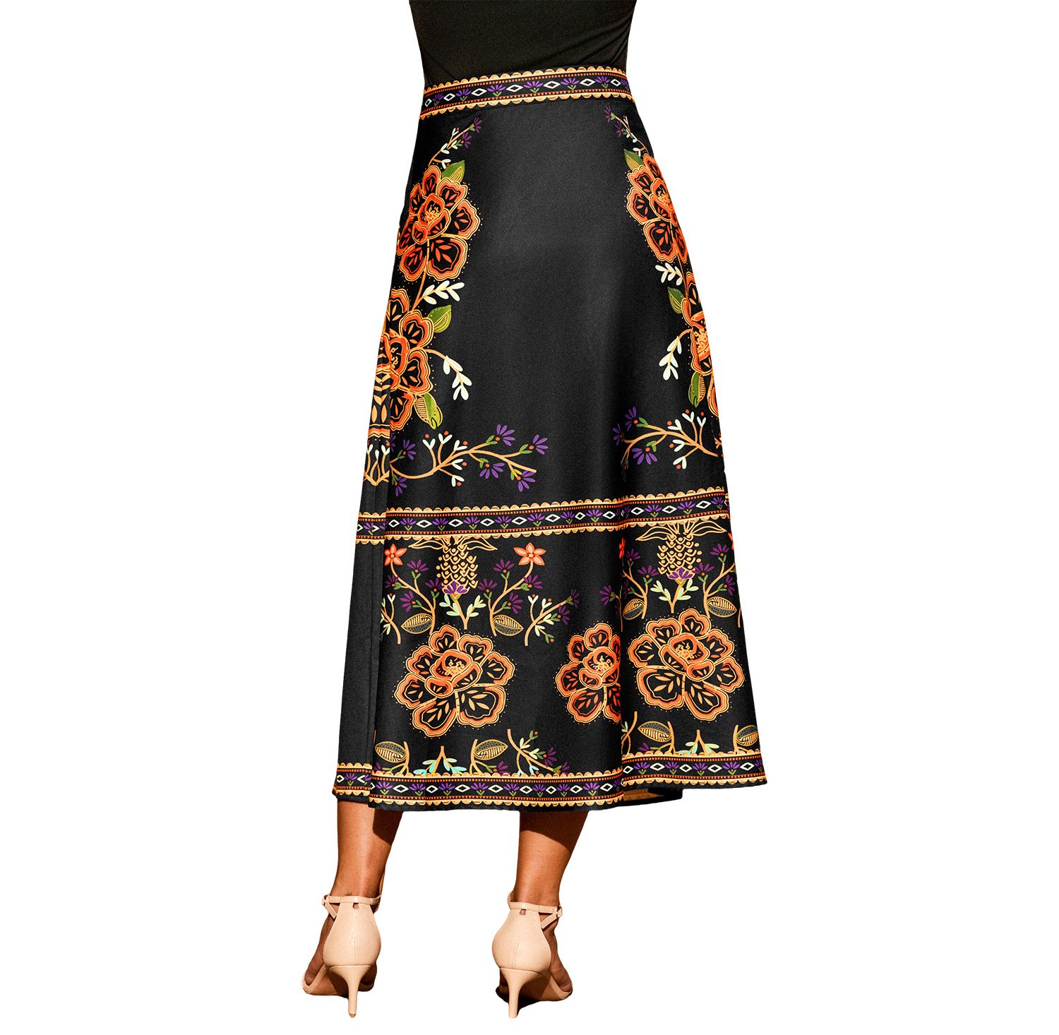 Women's Floral Border Print A-Line Midi Skirt