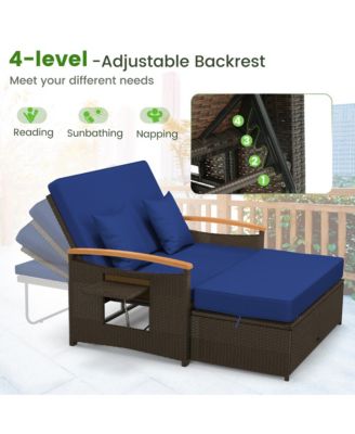 Outdoor Wicker Daybed Patio Loveseat and Storage Ottoman Set w/ Navy Cushions